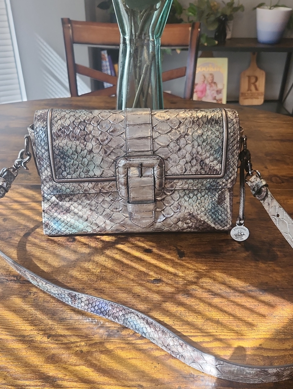 Brahmin Snake-Print Crossbody Bag in Taupe with Buckle Detail